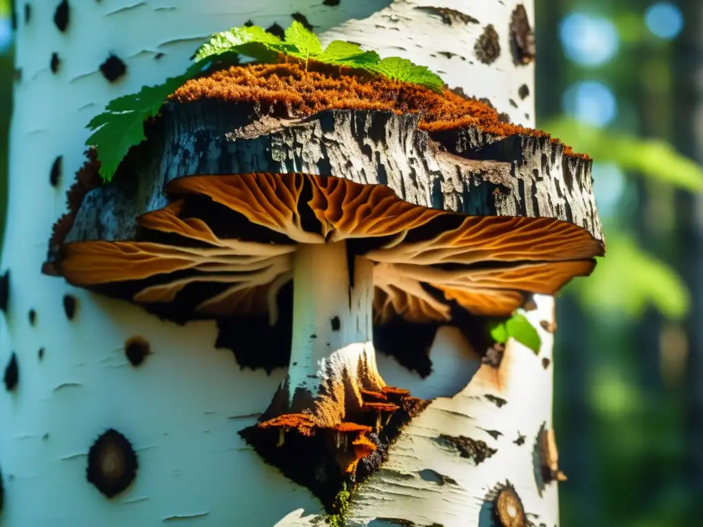 Detalle de un Chaga hongo siberiano creciendo en un abedul, en un bosque denso