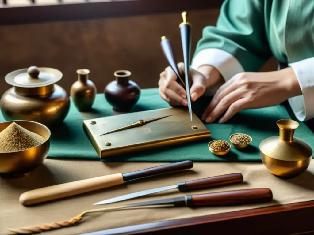 Detalle de cirugía antigua China: prácticas de medicina tradicional con instrumentos quirúrgicos de bronce y cirujano en sala histórica