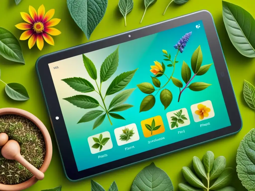 Detalle de ilustración digital de plantas medicinales, representación sofisticada de la digitalización del conocimiento herbal