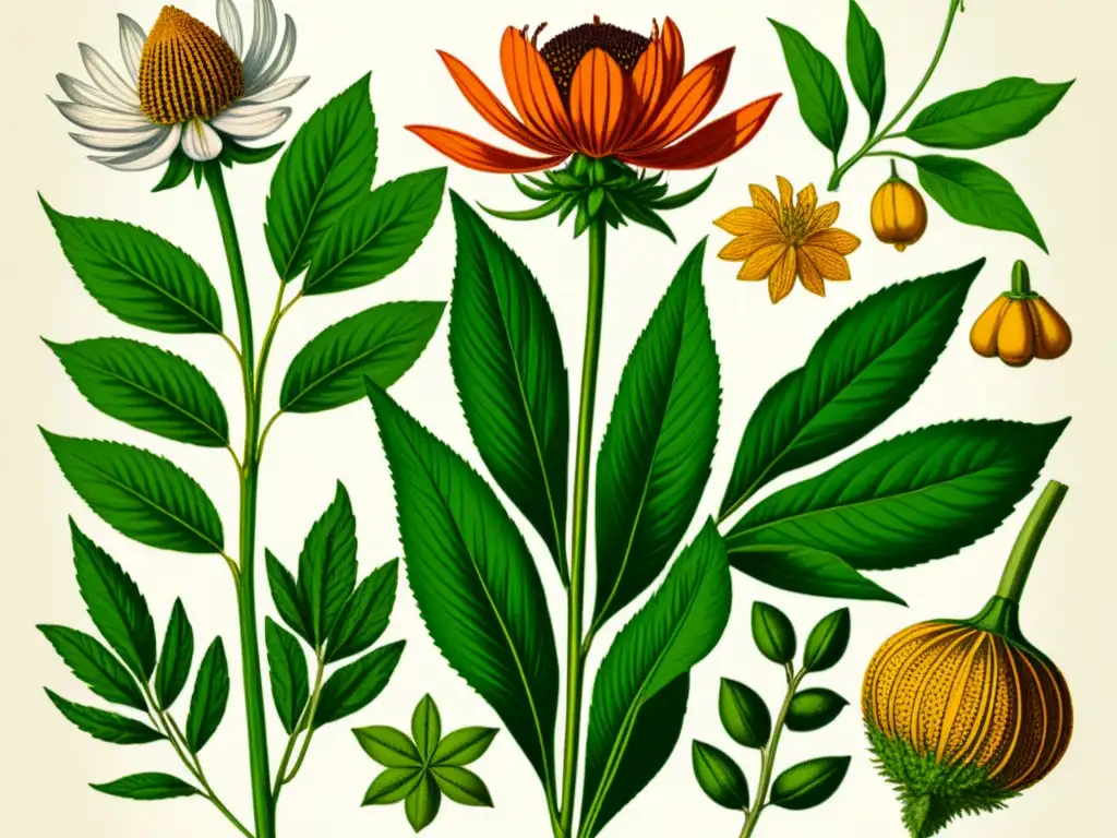 Detalle exquisito de ilustración vintage de hierbas antiinflamatorias con validación científica, resaltando su belleza natural y propiedades curativas