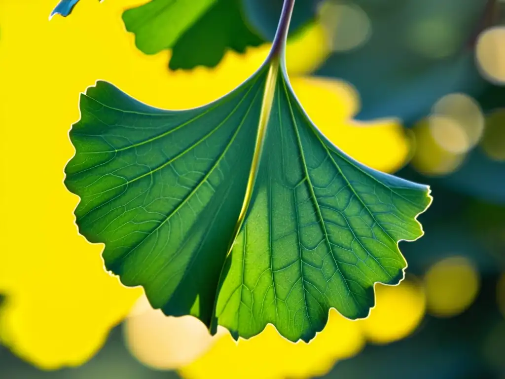 Detalle fascinante de una hoja de ginkgo biloba en tonos verdes y amarillos, iluminada por el sol, evocando su belleza natural