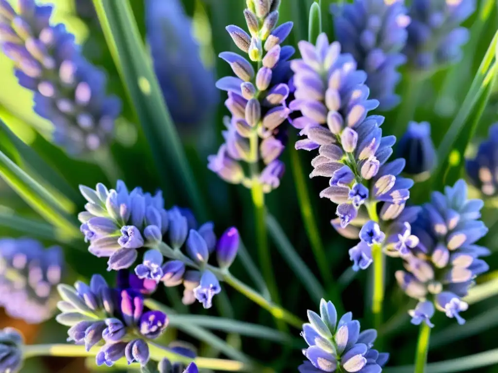 Detalle de flores de lavanda en diferentes etapas de floración, con luz solar filtrada entre las hojas