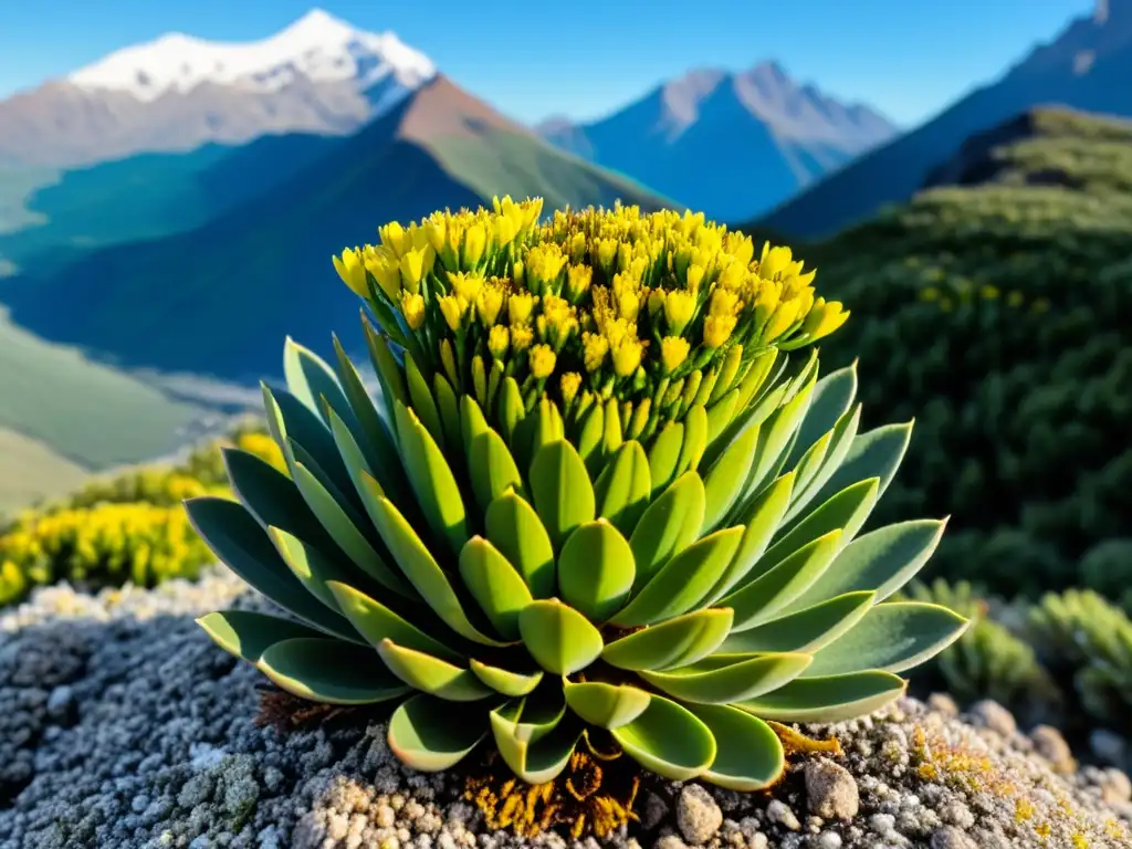 Detalle de Rhodiola rosea en su hábitat natural, destacando sus propiedades adaptógenas y su entorno montañoso con picos nevados y cielo azul