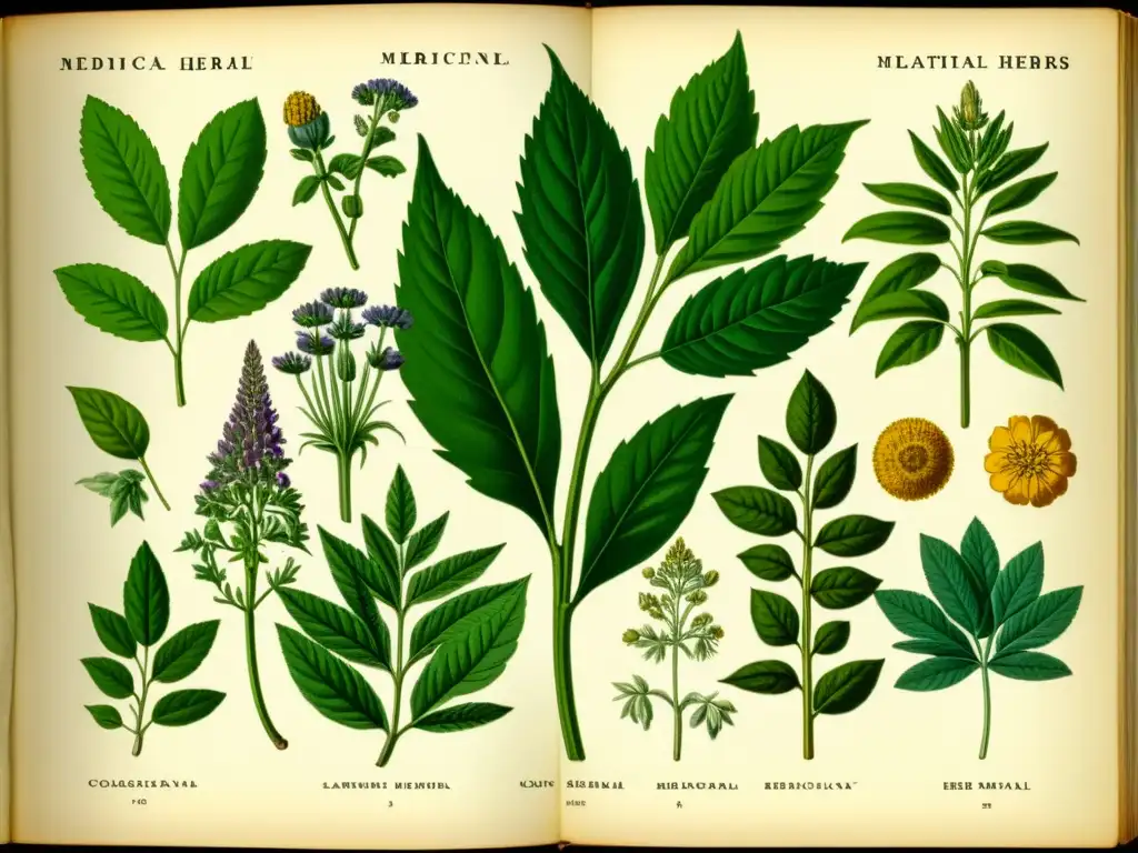 Detalle de ilustración vintage de hierbas medicinales, mostrando diversidad y riqueza de la medicina tradicional