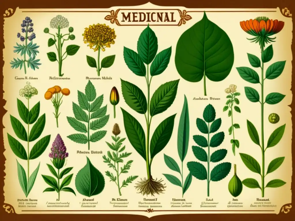 Detalle de ilustración botánica vintage de hierbas medicinales para enfermedades modernas en tonos cálidos y líneas detalladas