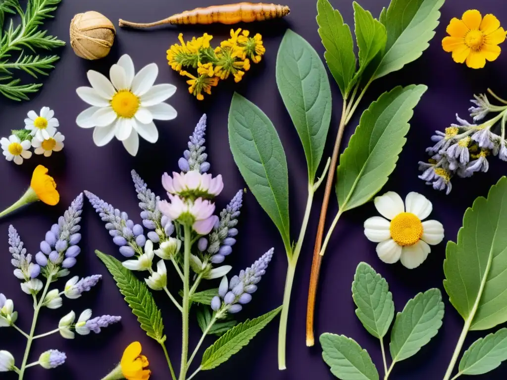 Detalle de hierbas medicinales, ginseng, manzanilla y lavanda, iluminadas para destacar su belleza natural