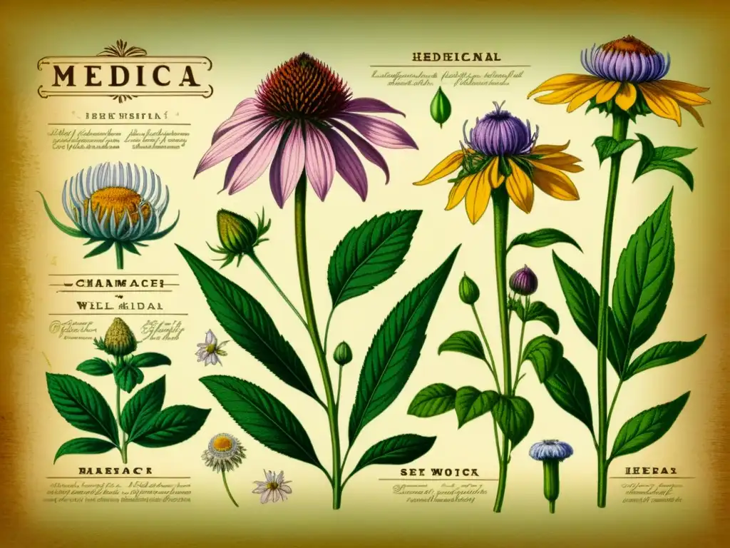 Detalle de ilustración vintage de hierbas medicinales con nombres científicos y usos tradicionales, evocando conocimiento histórico