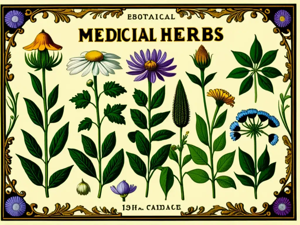 Detalle de ilustración vintage de hierbas medicinales utilizadas en medicina tradicional en diferentes culturas, con colores vibrantes y delicado trazado