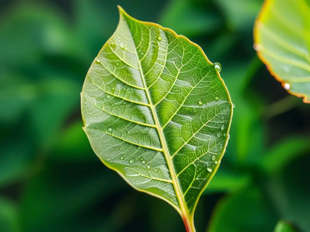 Detalle de hoja de coca Andina con rocío, resaltando su uso medicinal y el paisaje montañoso