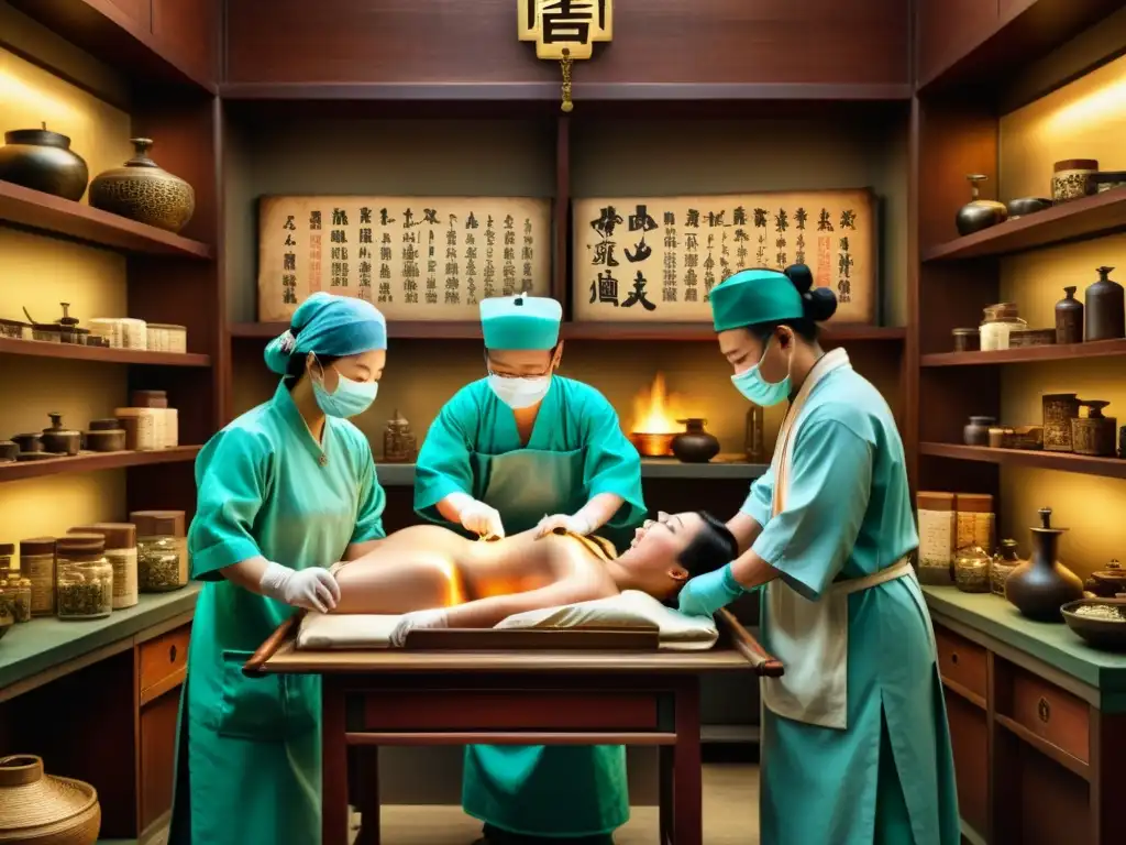 Detalle ilustrado de cirugía antigua China, con médicos practicando técnicas de medicina tradicional en un oscuro y decorado quirófano