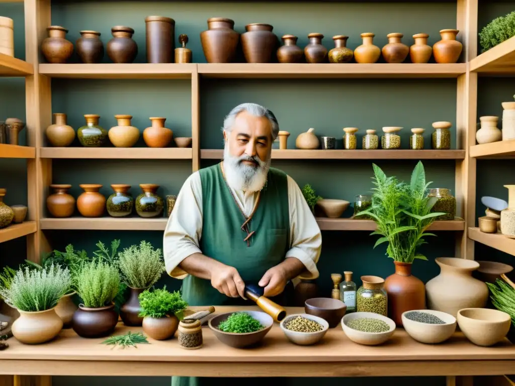 Detalle ilustrado de Pedanius Dioscorides documentando plantas medicinales en su taller, evocando historia y sabiduría en farmacognosia