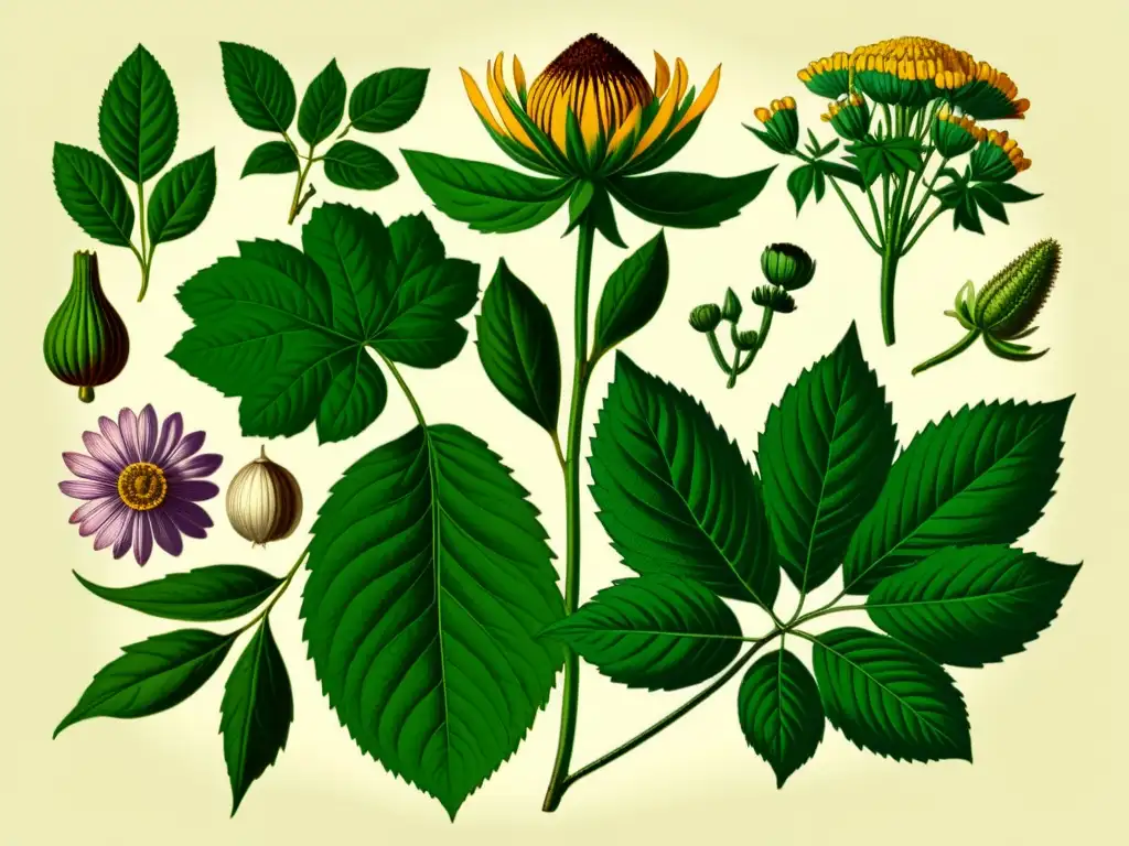 Detalle ilustrado de plantas medicinales contrarrestan tratamientos enfermedades crónicas, con colores vibrantes y etiquetas elegantes