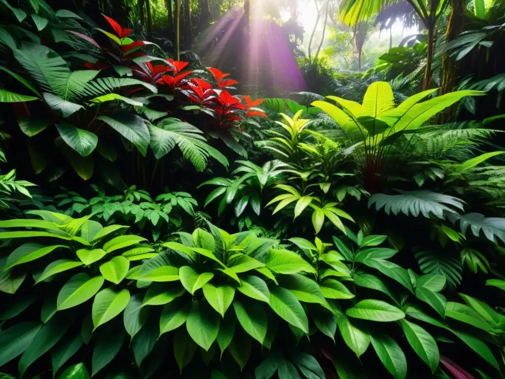 Detalle impresionante de un exuberante bosque lluvioso, reflejando la diversidad de plantas exóticas