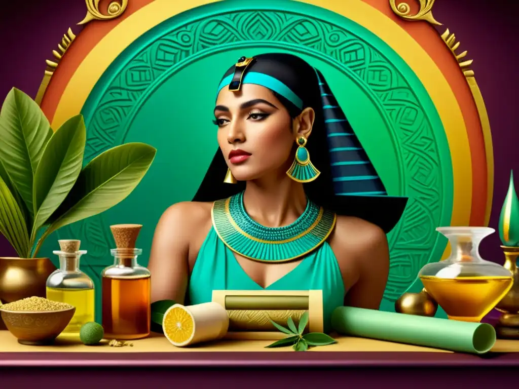 Detalle de ilustración vintage de Cleopatra mezclando ingredientes antiguos, evocando recetas antiguas medicina tradicional con un toque moderno