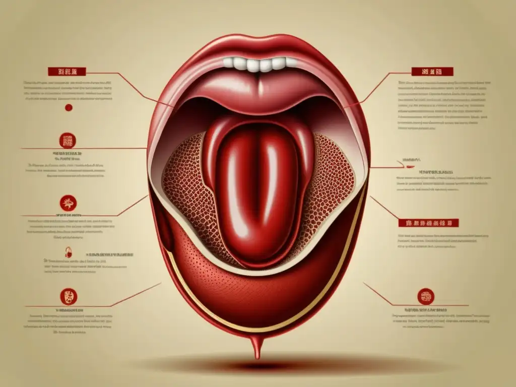 Detalle de ilustración vintage de la lengua humana, destacando el mapa de la lengua y su importancia en la medicina tradicional china