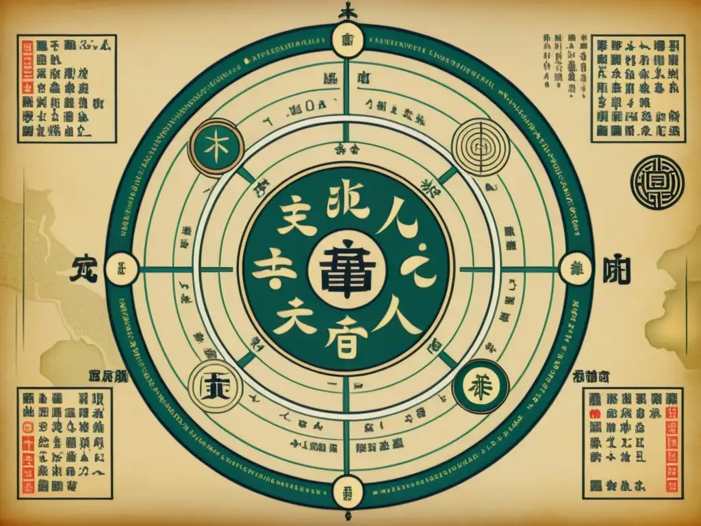 Detalle de ilustración vintage de los meridianos extraordinarios de la medicina tradicional china, con símbolos y texto auténtico