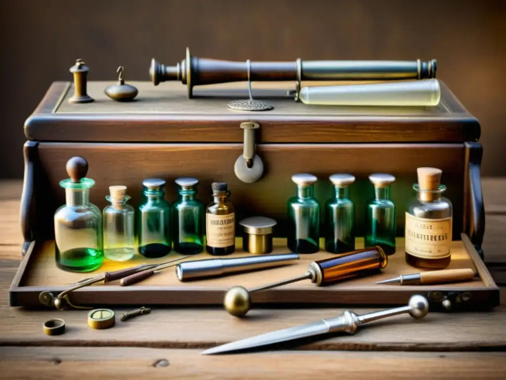 Detalle de mesa de boticario vintage con herramientas médicas antiguas