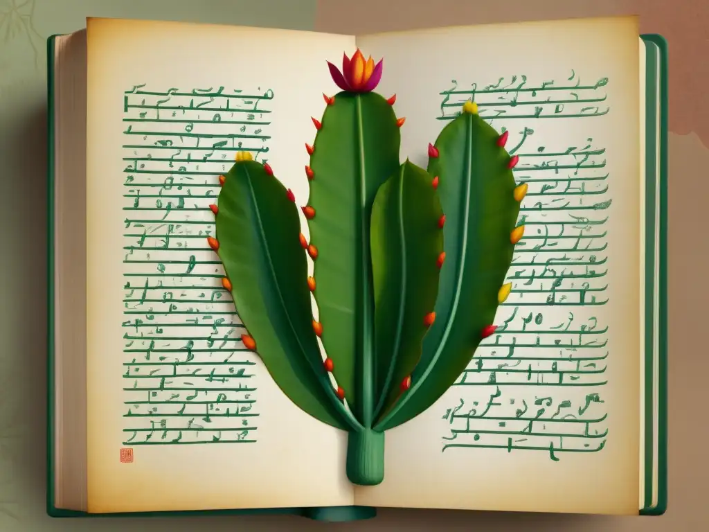 Detalle mesoamericano de manuscrito sobre propiedades curativas del nopal, con ilustraciones y caligrafía en pergamino envejecido