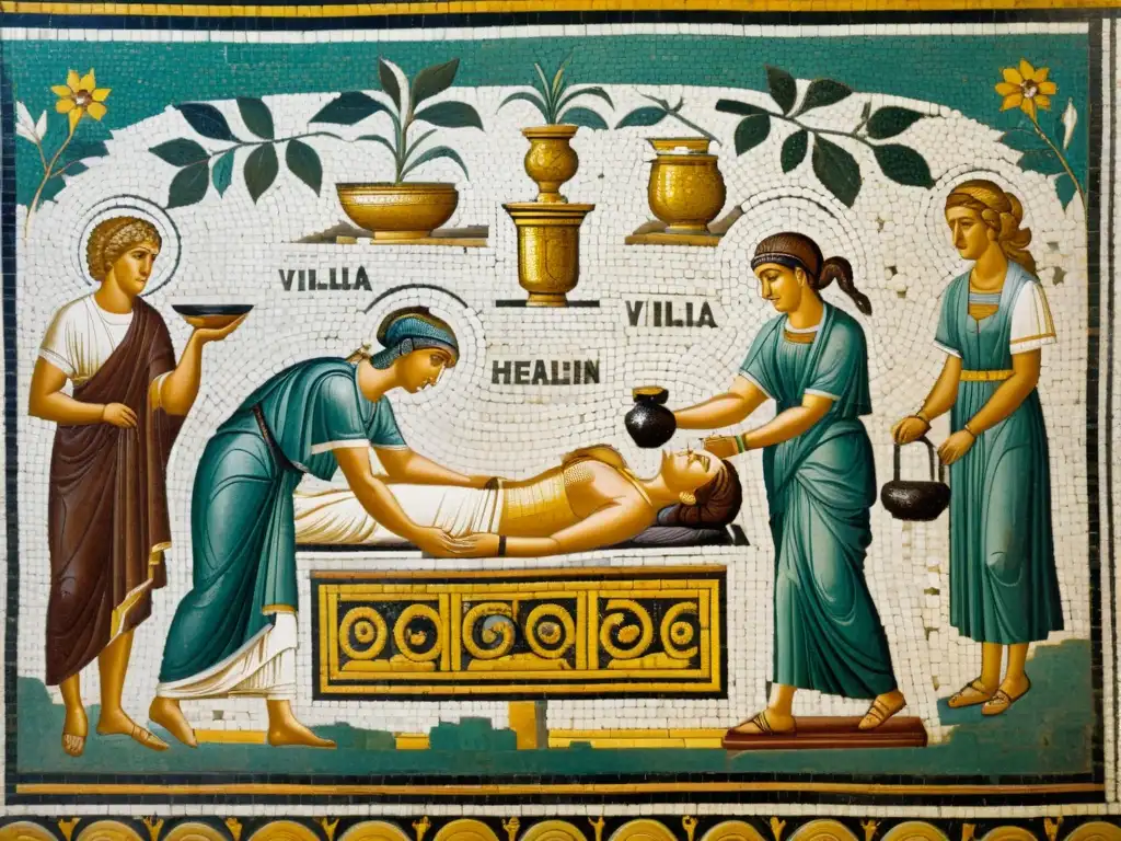 Detalle de mosaico de prácticas de curación en Roma Antigua: médico examinando paciente, mujeres en ritual de limpieza y terapia de masaje