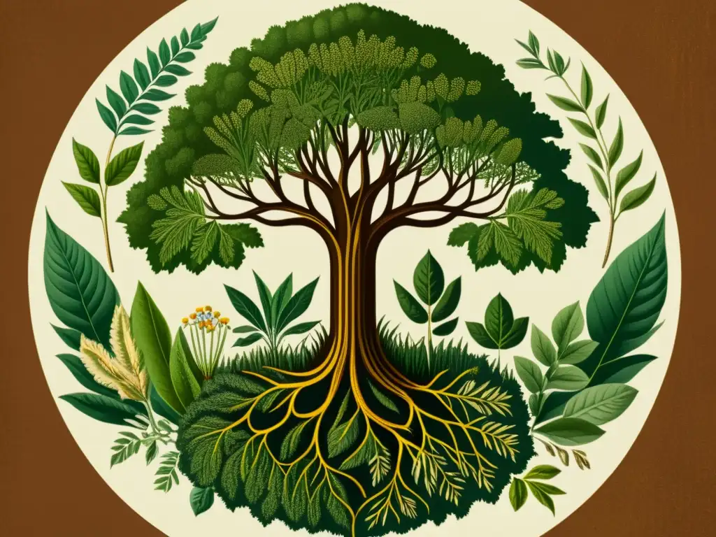 Detalle de ilustración vintage de origen y migración de plantas medicinales, con intrincadas raíces y rutas interconectadas en tonos terrosos