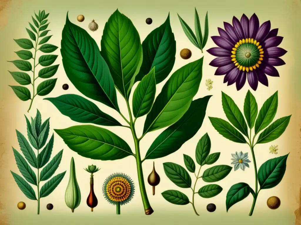 Detalle de ilustración botánica vintage de plantas medicinales africanas, evocando sabiduría ancestral y fitoterapia en África subsahariana