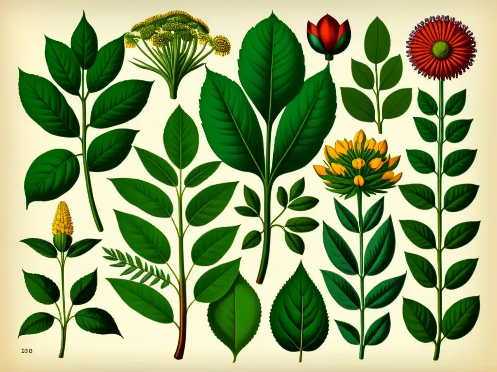 Detalle de plantas medicinales africanas en ilustración vintage de alta resolución, capturando la rica herencia botánica de África