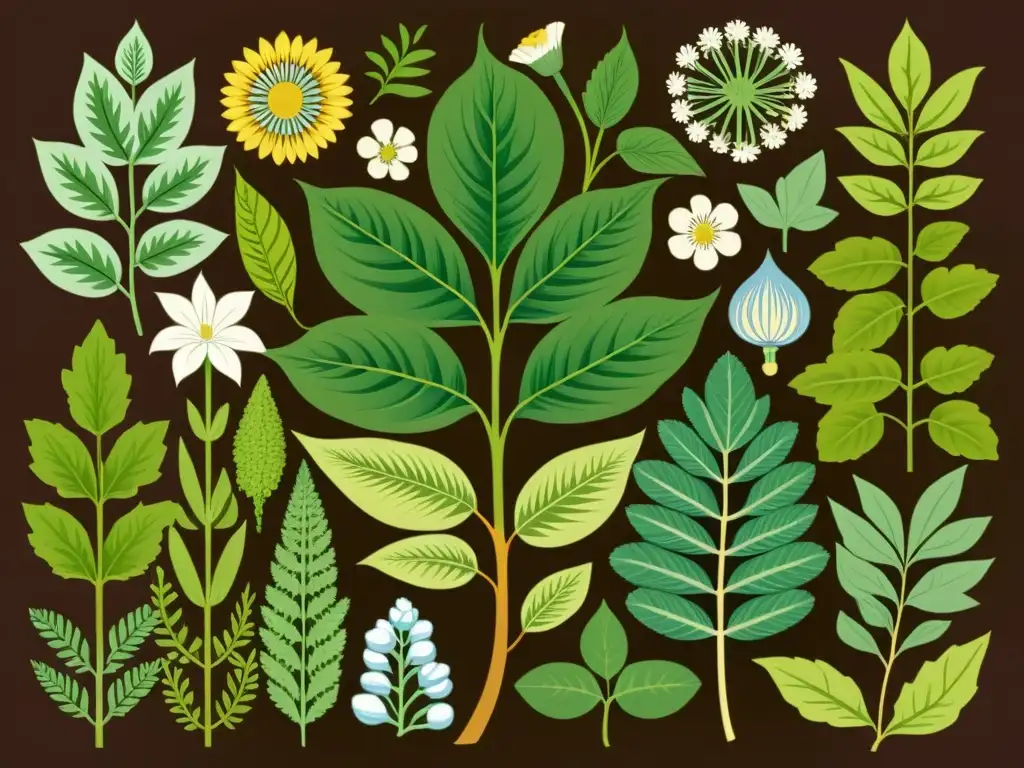 Detalle de ilustración botánica vintage con plantas medicinales y cambio climático, resaltando el impacto en la medicina natural