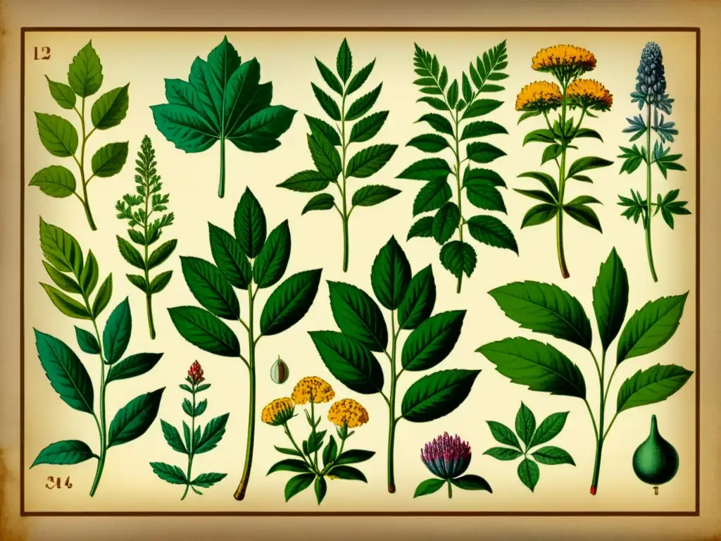 Detalle de ilustración vintage de plantas medicinales con colaboraciones internacionales, evocando la riqueza de la medicina tradicional