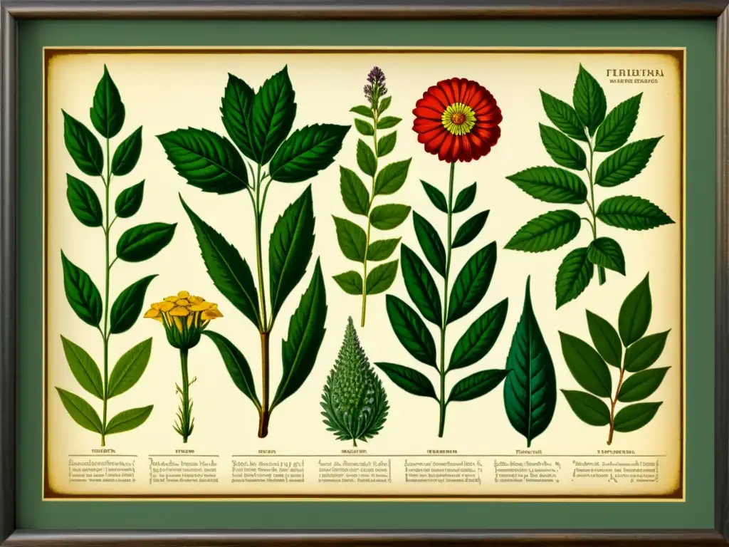 Detalle de ilustración vintage de plantas medicinales en colores vibrantes, con etiquetas de usos medicinales