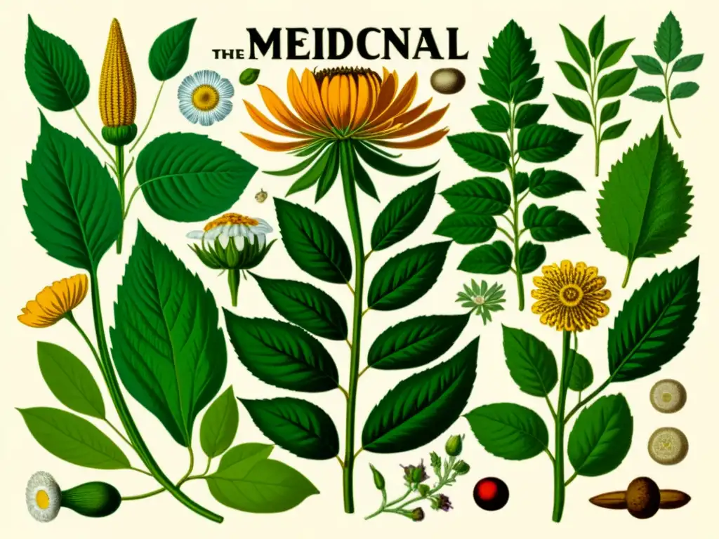 Detalle de ilustración vintage de plantas medicinales, resaltando la fitoterapia tradicional en diferentes culturas