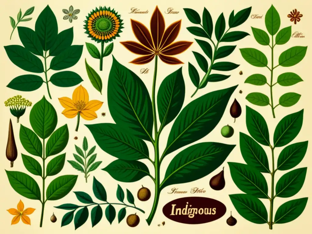 Detalle de ilustración botánica vintage de plantas medicinales indígenas con respeto a la propiedad intelectual