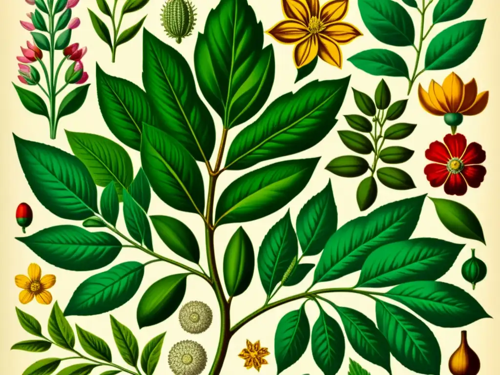 Detalle de ilustración vintage de plantas medicinales en un patrón intrincado, preservación de plantas medicinales en bancos de germoplasma