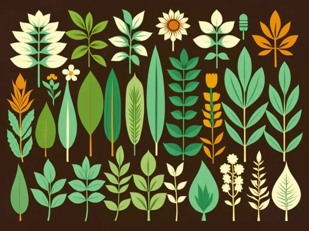 Detalle de ilustración vintage de plantas medicinales prehispánicas, exudando sabiduría ancestral en tonos terrosos