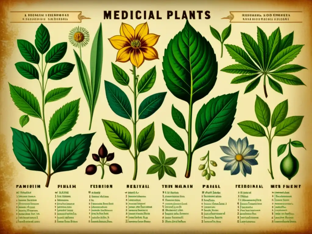 Detalle de ilustración vintage de plantas medicinales con raíces, hojas y flores, resaltando su belleza natural y propiedades medicinales