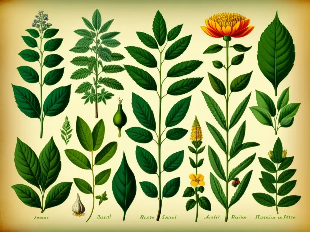 Detalle de ilustración vintage de plantas medicinales, evocando la sabiduría histórica y propiedades curativas