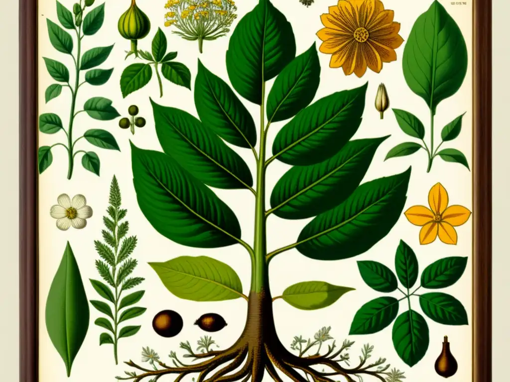 Detalle de ilustración botánica vintage con plantas medicinales en tonos terrosos, exudando sabiduría atemporal