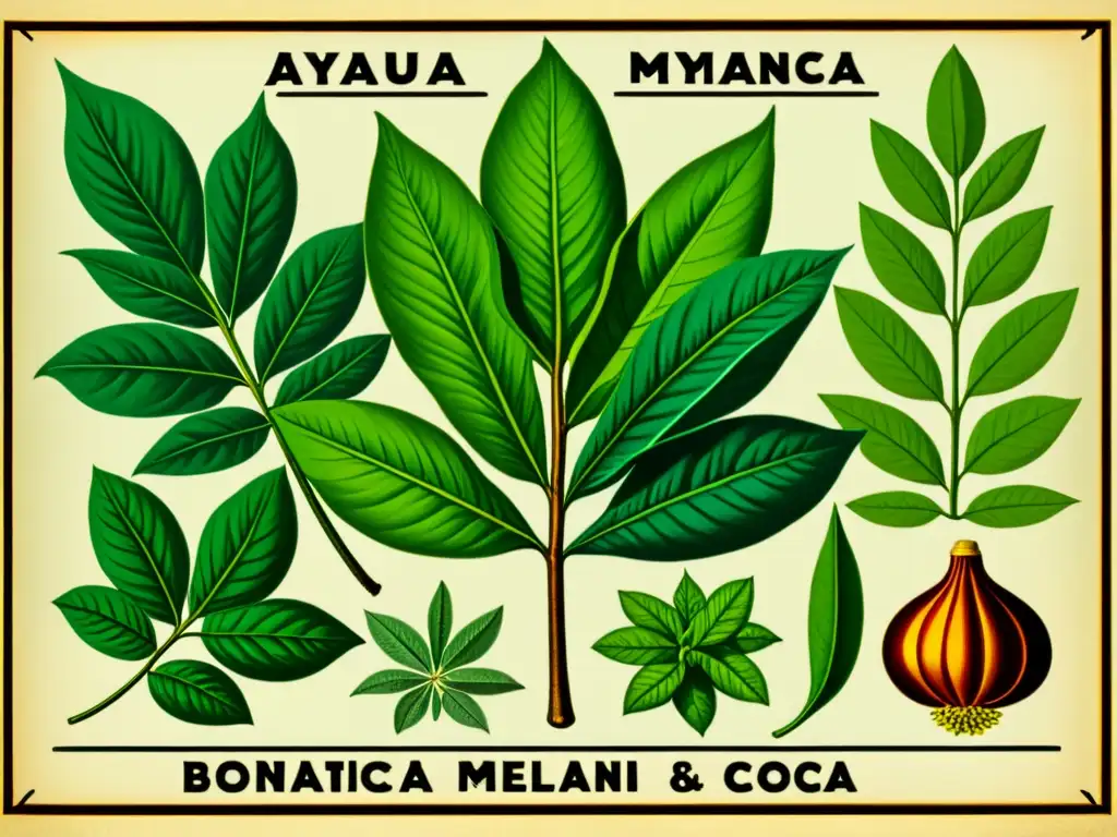 Detalle de ilustración botánica vintage de plantas medicinales tradicionales como ayahuasca, tabaco y hojas de coca