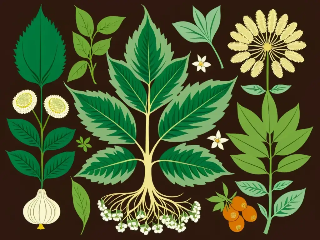 Detalle de ilustración vintage de plantas medicinales tradicionales de culturas indígenas