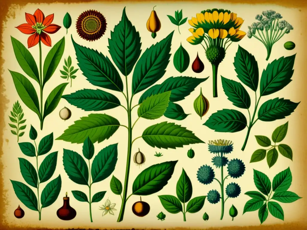 Detalle de ilustración vintage de plantas medicinales contrarrestan tratamientos enfermedades crónicas en papel pergamino envejecido