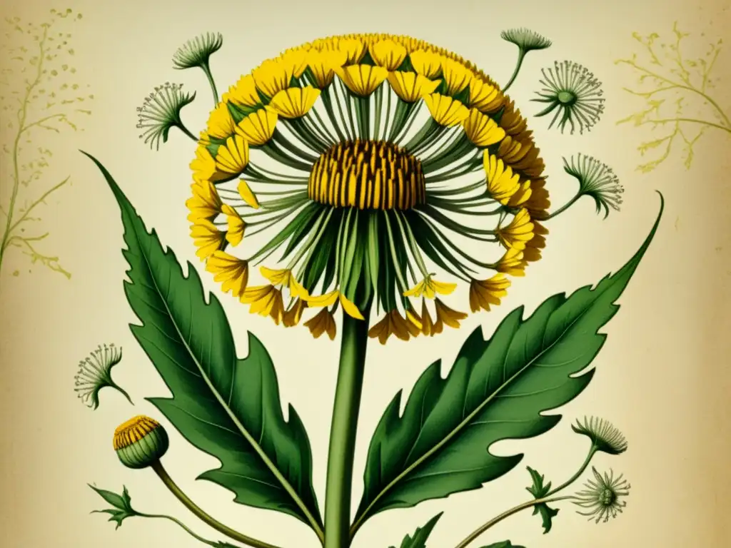 Detalle preciso de una ilustración vintage de un diente de león, evocando su importancia histórica y propiedades medicinales