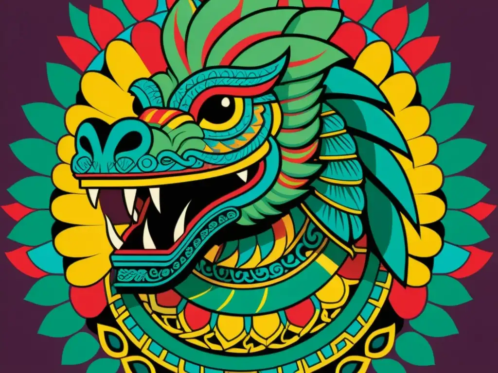 Detalle de ilustración vintage de Quetzalcóatl, la deidad serpiente emplumada de la antigua cultura mesoamericana, con simbolismos y sanación cultura mesoamericana