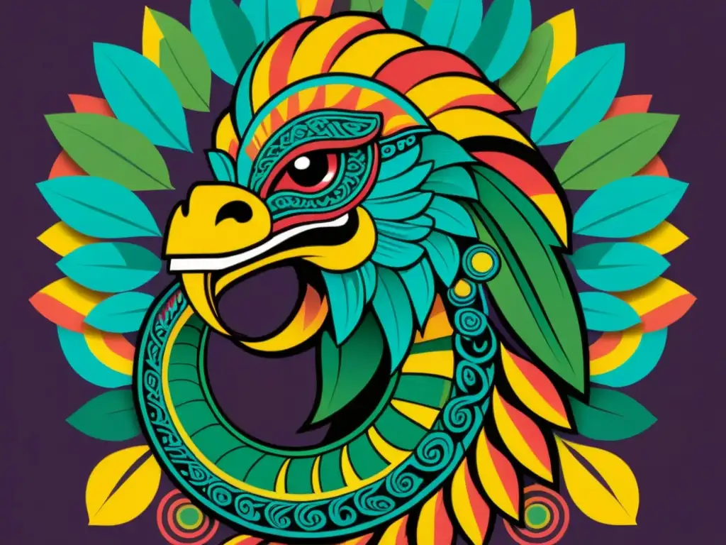 Detalle de ilustración vintage de Quetzalcoatl, la serpiente emplumada de la mitología mesoamericana, simbolizando la curación y la renovación