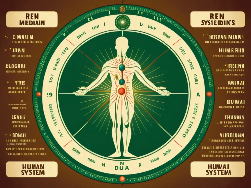 Detalle de ilustración vintage del sistema de meridianos del cuerpo humano, destacando los meridianos El Ren Mai y Du Mai