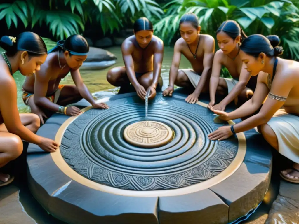 Detalle tallado de ceremonia de agua ancestral con curanderos indígenas y comunidad alrededor de fuente sagrada