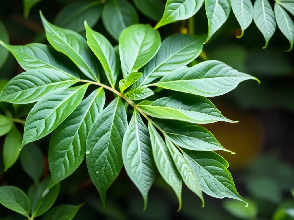 Detalle de zarzaparrilla verde con hojas vibrantes, delicadas y venas profundas