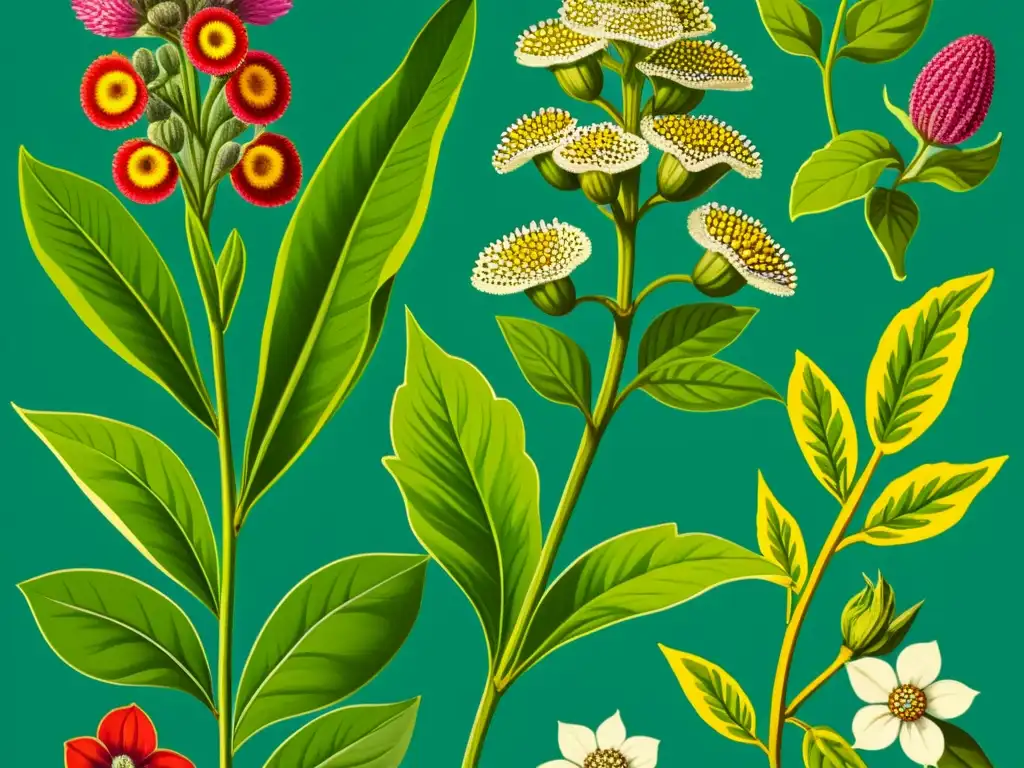 Detalle vibrante de ilustración botánica antigua de plantas de chía, evocando nostalgia y reverencia por la naturaleza