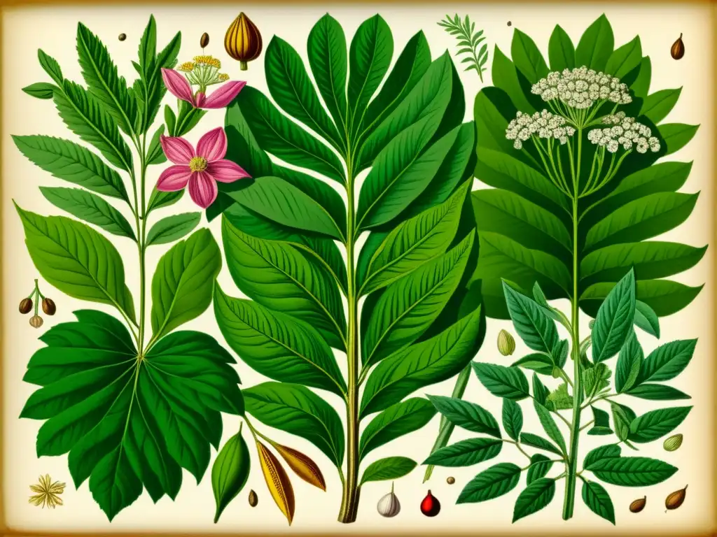 Detalle vibrante de ingredientes naturales medicina tradicional, ilustración botánica vintage