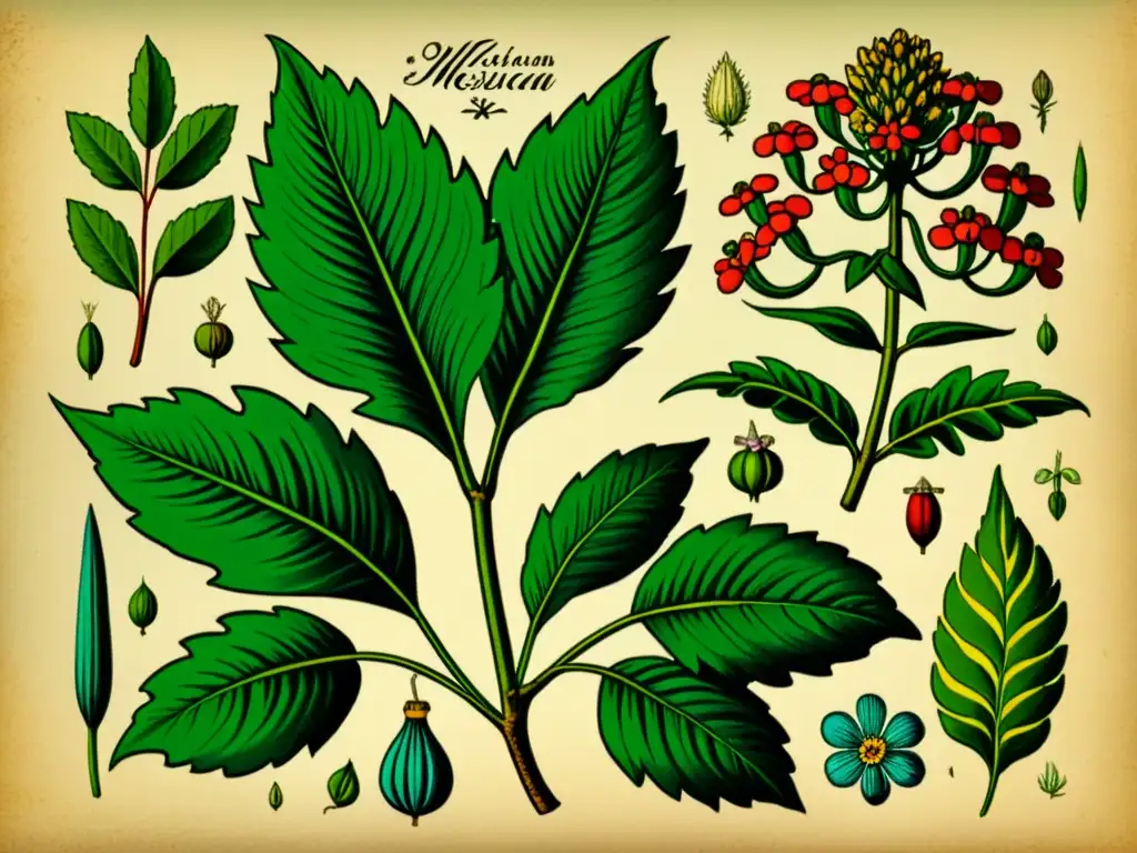 Detalle vibrante de planta medicinal mesoamericana en ilustración vintage