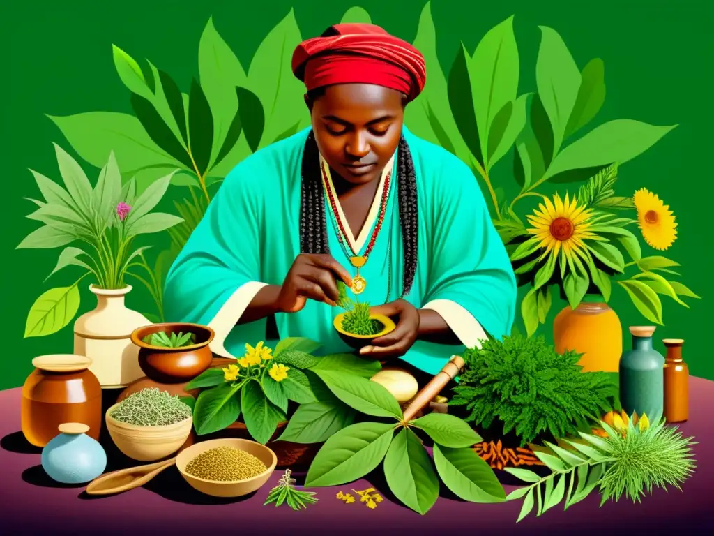 Detalle vibrante de un sanador tradicional rodeado de plantas medicinales, reflejando la rica historia de las plantas medicinales en la sanación