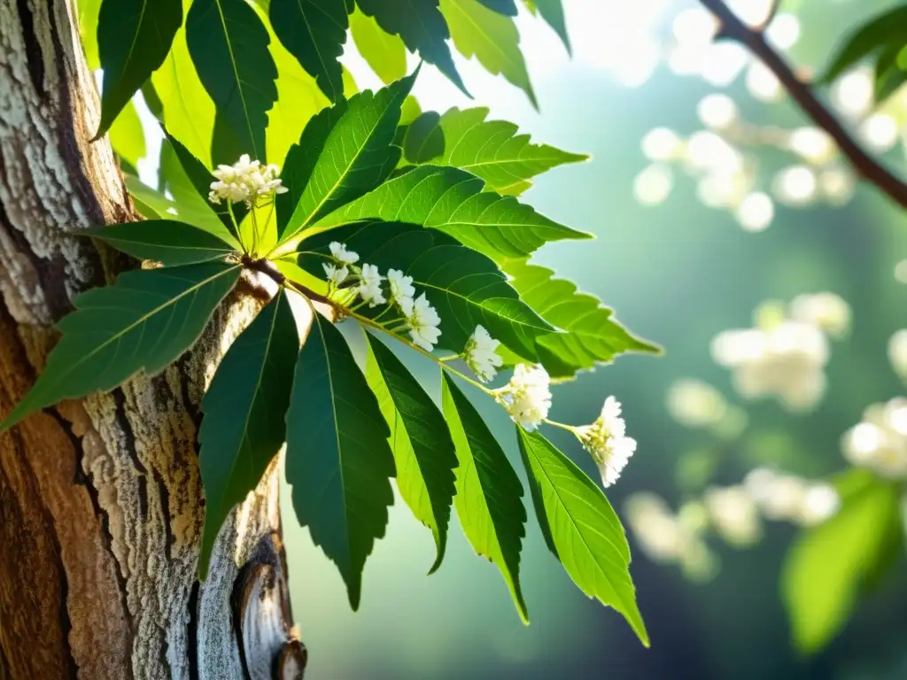 Detalle vintage de un árbol Neem en flor, con hojas verdes y flores blancas, mostrando su belleza natural